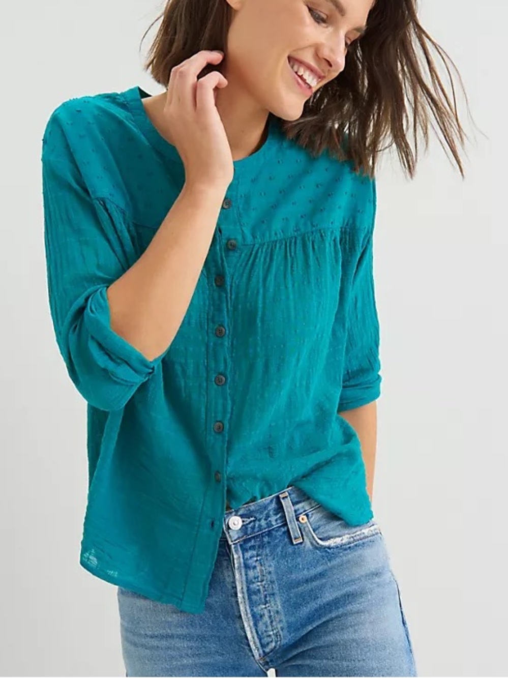Anthropologie Pilcro Mila Swiss Dot Gauze Peasant Top 100% Cotton Teal Size M